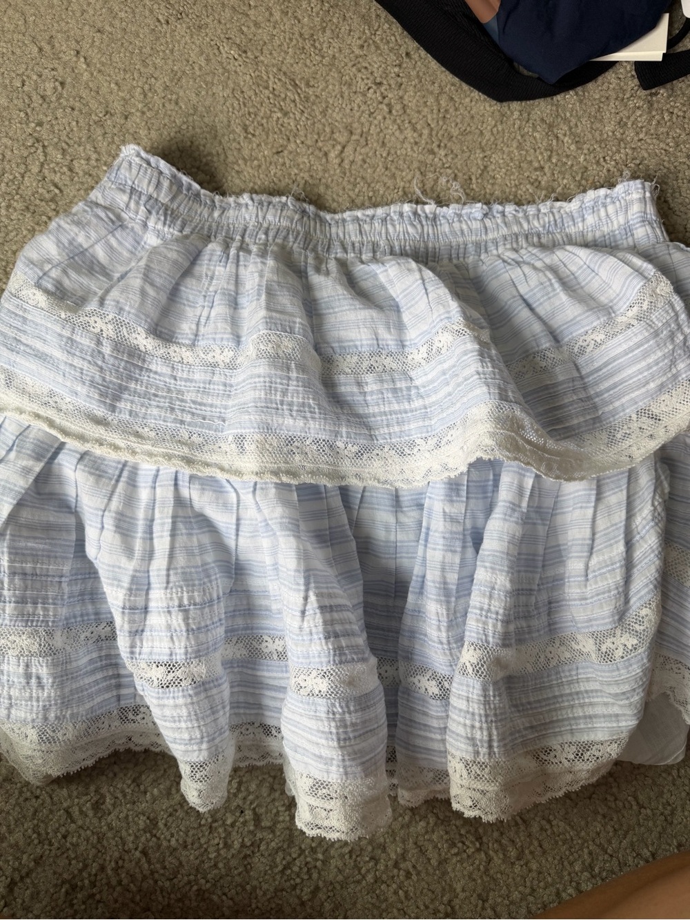 LoveShackFancy Light Blue and White Tiered Lace Mini Skirt